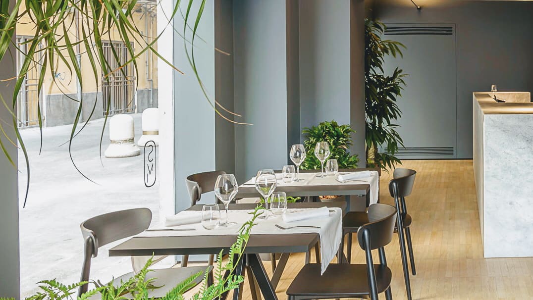 La sala di Sobremesa di giorno: pareti azzurro grigie, pavimento di rovere, piante e il bancone di marmo con il rubinetto di ottone